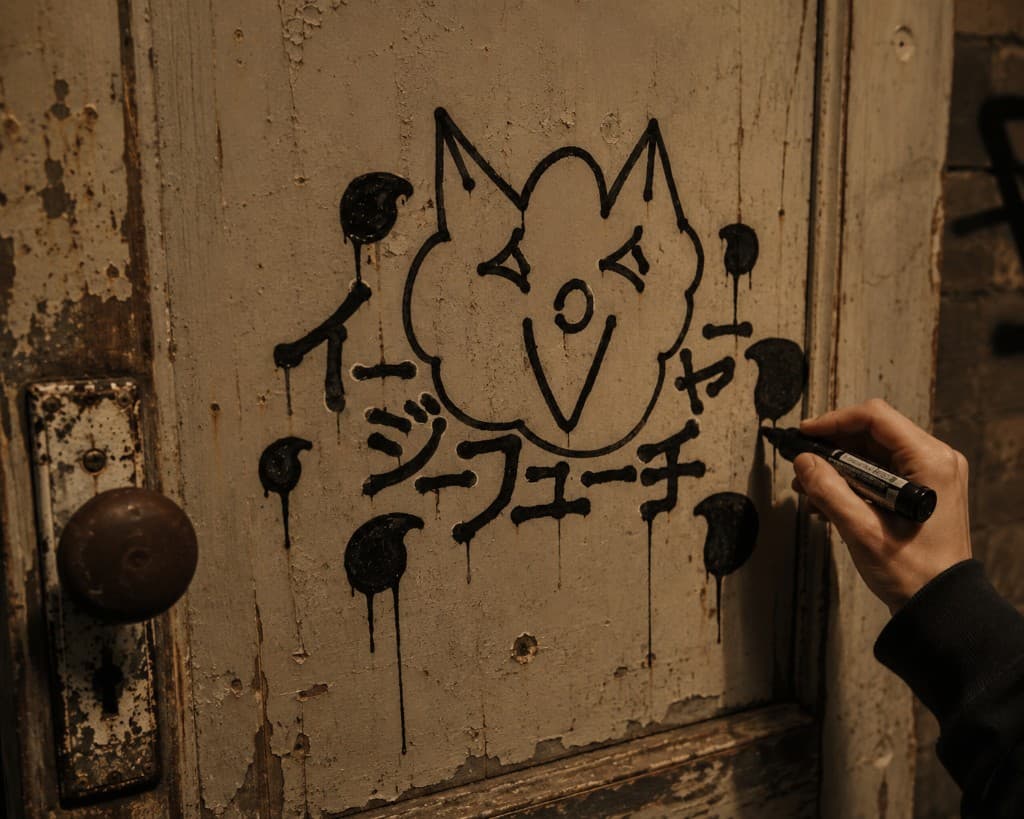 Hand-drawn Easy Future graffiti on a weathered door